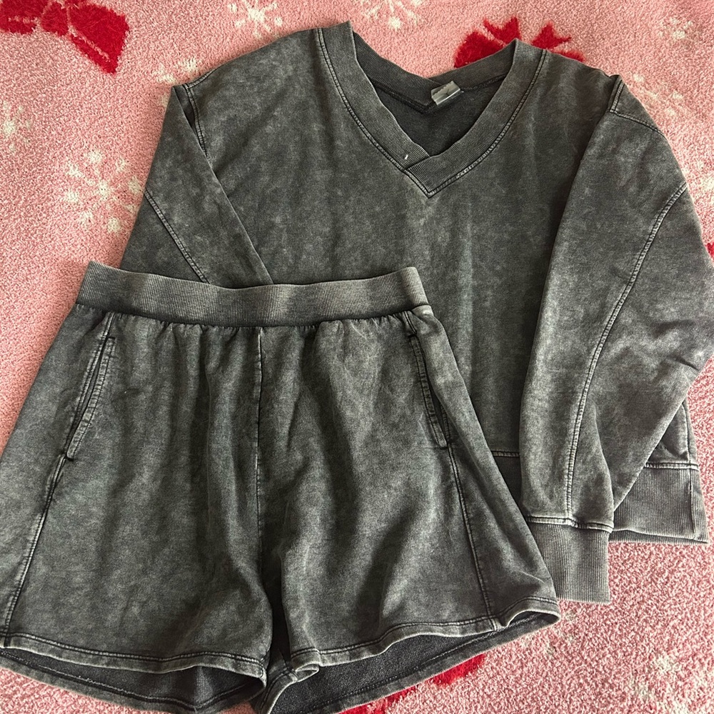 Gray V-Neck Sweatshirt and Shorts lounge set